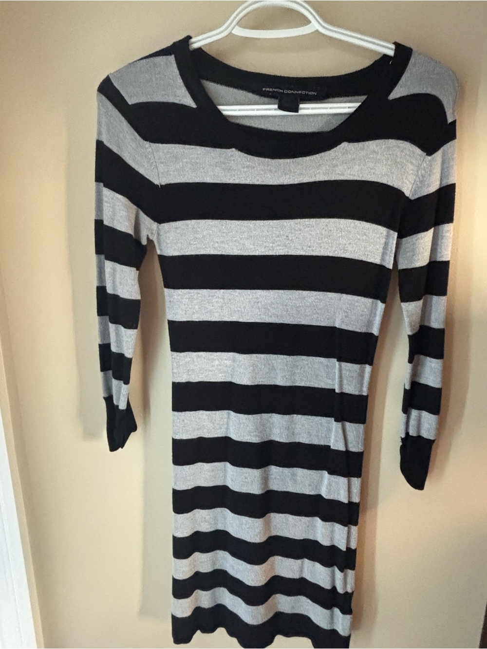 French Connection Black and Gray Striped Long-Sleeve Bodycon Dress - Picture 2 of 5